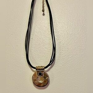 Chico’s hammered metal big pendant 3 strand black leather 90s whimsigoth 1990s